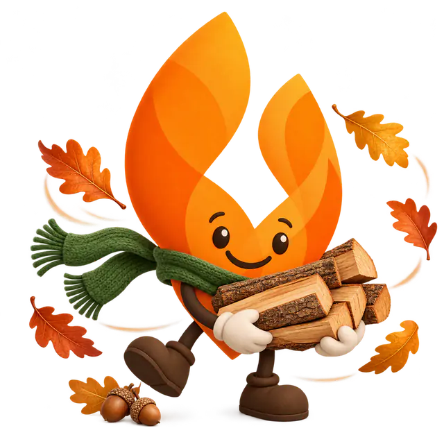Mascotte Gard’Bois en automne, avec des bûches