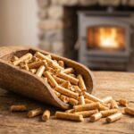 Qualité des granulés de bois : granulés certifiés ENplus dans une pelle en bois devant un poêle