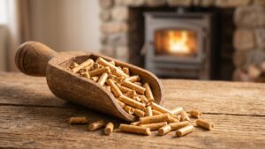 Qualité des granulés de bois : granulés certifiés ENplus dans une pelle en bois devant un poêle
